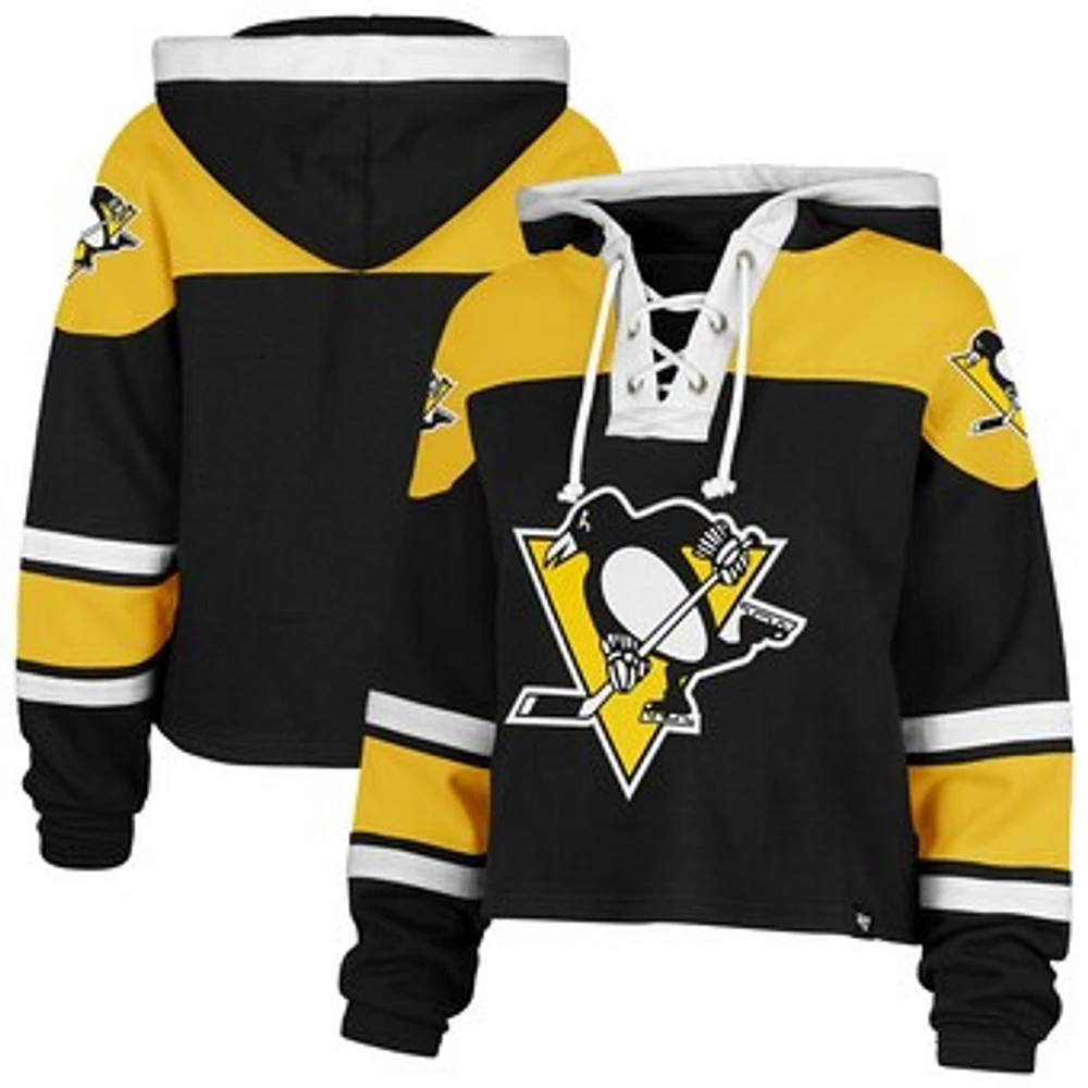 Women's '47 Black Pittsburgh Penguins Cropped Superior Lacer Pullover Hoodie