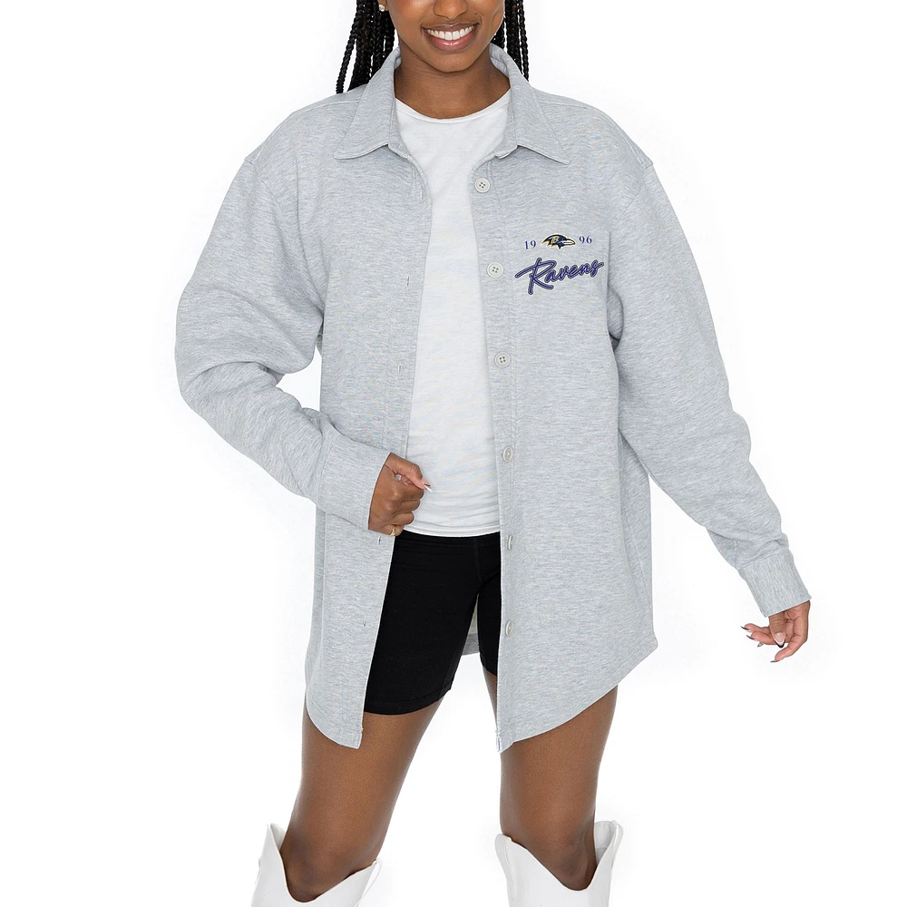 Women's Gameday Couture Ash Baltimore Ravens Full-Button Long Sleeve Overshirt