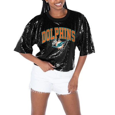 Women's Gameday Couture  Black Miami Dolphins Rise Up Sequin Cropped T-Shirt