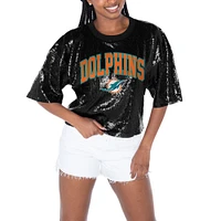 Women's Gameday Couture  Black Miami Dolphins Rise Up Sequin Cropped T-Shirt