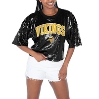 Women's Gameday Couture  Black Minnesota Vikings Rise Up Sequin Cropped T-Shirt