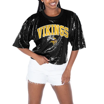 Women's Gameday Couture  Black Minnesota Vikings Rise Up Sequin Cropped T-Shirt