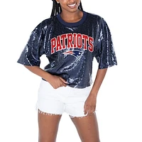 Women's Gameday Couture  Navy New England Patriots Rise Up Sequin Cropped T-Shirt