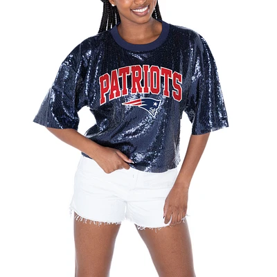 Women's Gameday Couture  Navy New England Patriots Rise Up Sequin Cropped T-Shirt