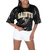 Women's Gameday Couture  Black New Orleans Saints Rise Up Sequin Cropped T-Shirt