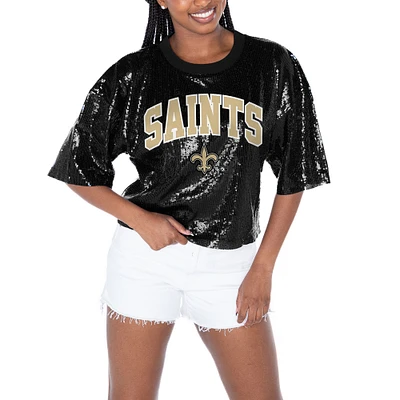 Women's Gameday Couture  Black New Orleans Saints Rise Up Sequin Cropped T-Shirt