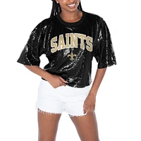 Women's Gameday Couture  Black New Orleans Saints Rise Up Sequin Cropped T-Shirt