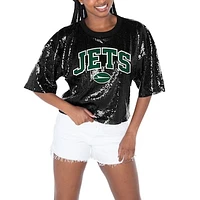 Women's Gameday Couture  Black New York Jets Rise Up Sequin Cropped T-Shirt