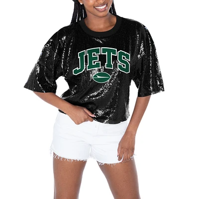 Women's Gameday Couture  Black New York Jets Rise Up Sequin Cropped T-Shirt