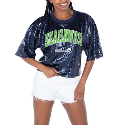 Women's Gameday Couture  College Navy Seattle Seahawks Rise Up Sequin Cropped T-Shirt