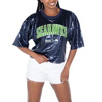 Women's Gameday Couture  College Navy Seattle Seahawks Rise Up Sequin Cropped T-Shirt