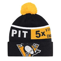 Men's Starter Black Pittsburgh Penguins Chyron Commemorative Cuffed Knit Hat with Pom