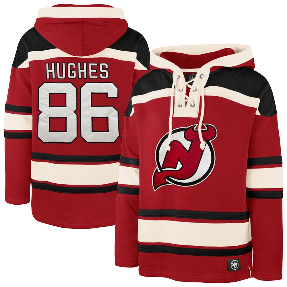 Men's '47 Jack Hughes Red New Jersey Devils Big & Tall Lace-up Pullover Hoodie