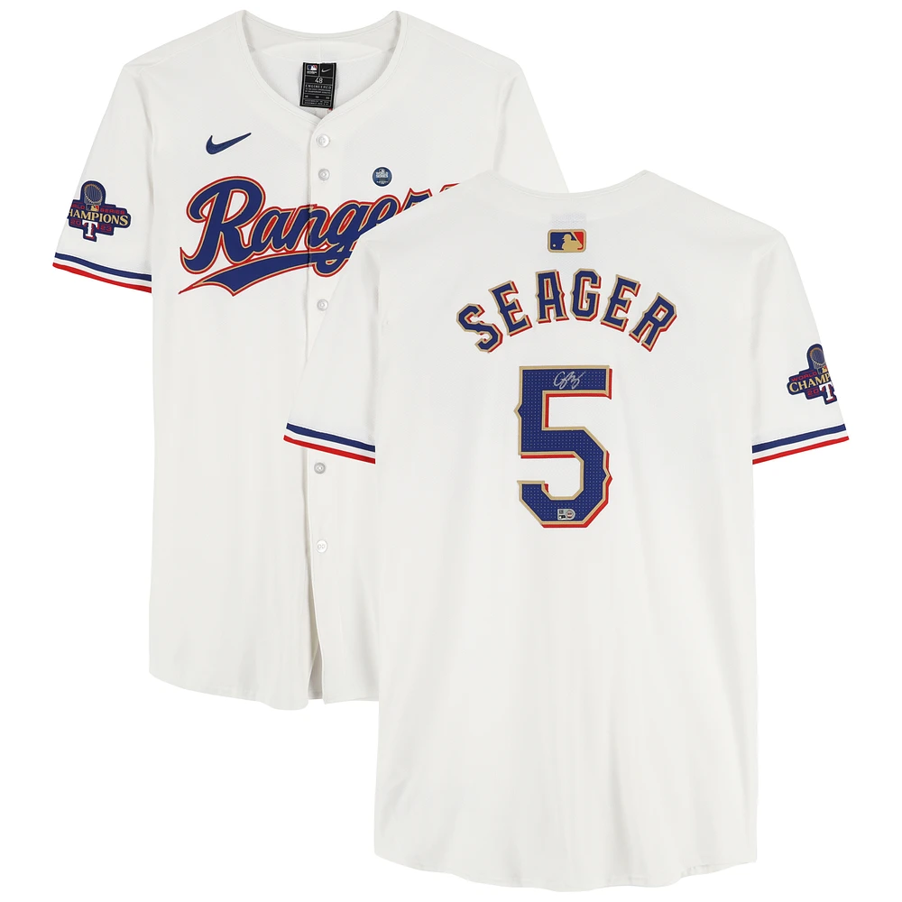 Corey Seager Texas Rangers Autographed 2023 World Series Champions White/Gold Nike Elite Jersey