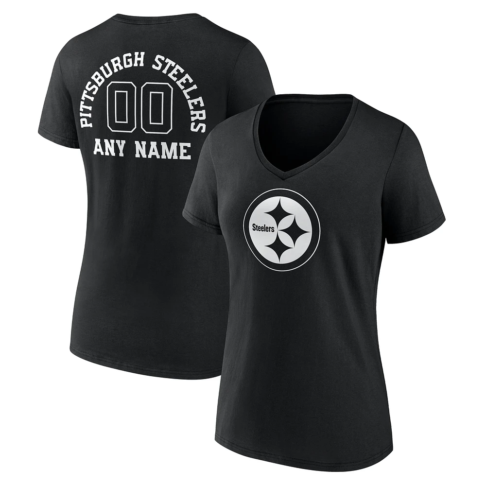 Women's Black Pittsburgh Steelers Personalized Name & Number Monochrome V-Neck T-Shirt
