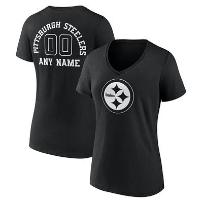 Women's Black Pittsburgh Steelers Personalized Name & Number Monochrome V-Neck T-Shirt