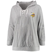 Women's Fanatics Heather Gray Minnesota Vikings Plus Lace-up Pullover Hoodie