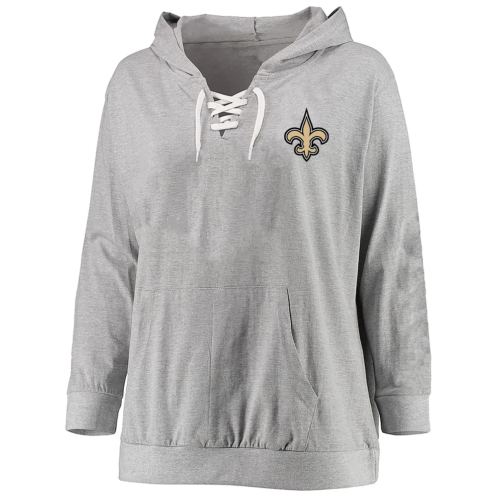 Women's Fanatics Heather Gray New Orleans Saints Plus Lace-up Pullover Hoodie