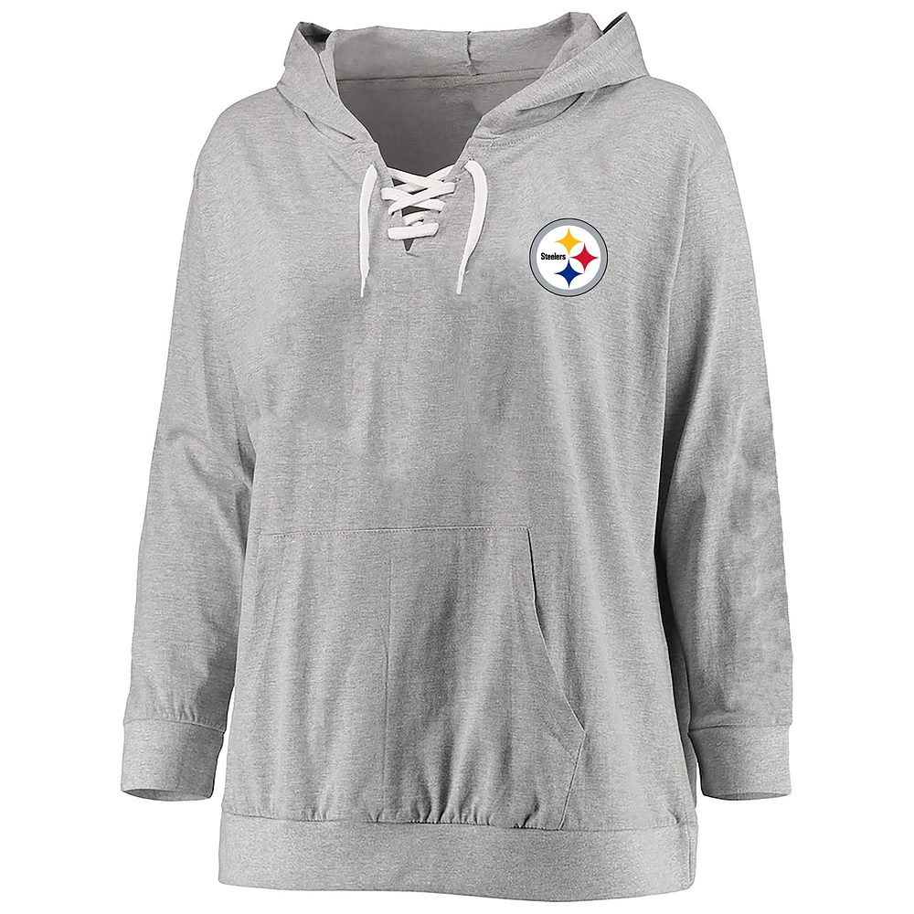 Women's Fanatics Heather Gray Pittsburgh Steelers Plus Lace-up Pullover Hoodie