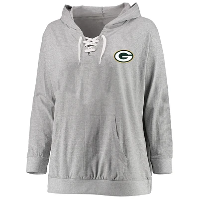 Women's Fanatics Heather Gray Green Bay Packers Plus Lace-up Pullover Hoodie