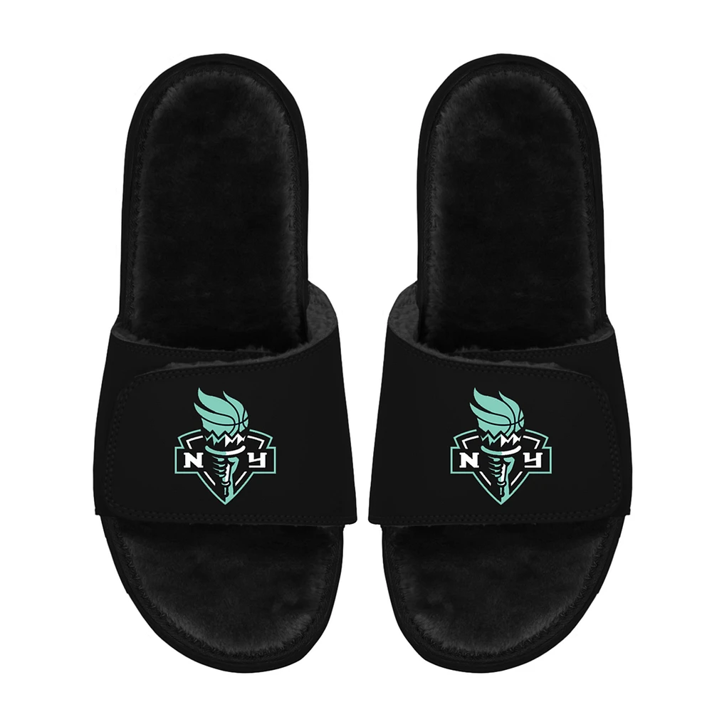 Unisex ISlide Black New York Liberty Logo Faux Fur Slide Sandals