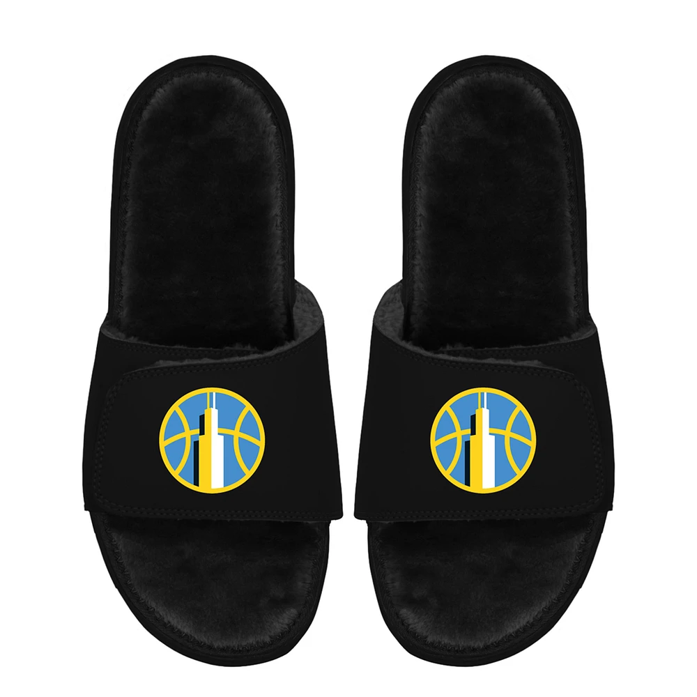 Unisex ISlide Black Chicago Sky Logo Faux Fur Slide Sandals