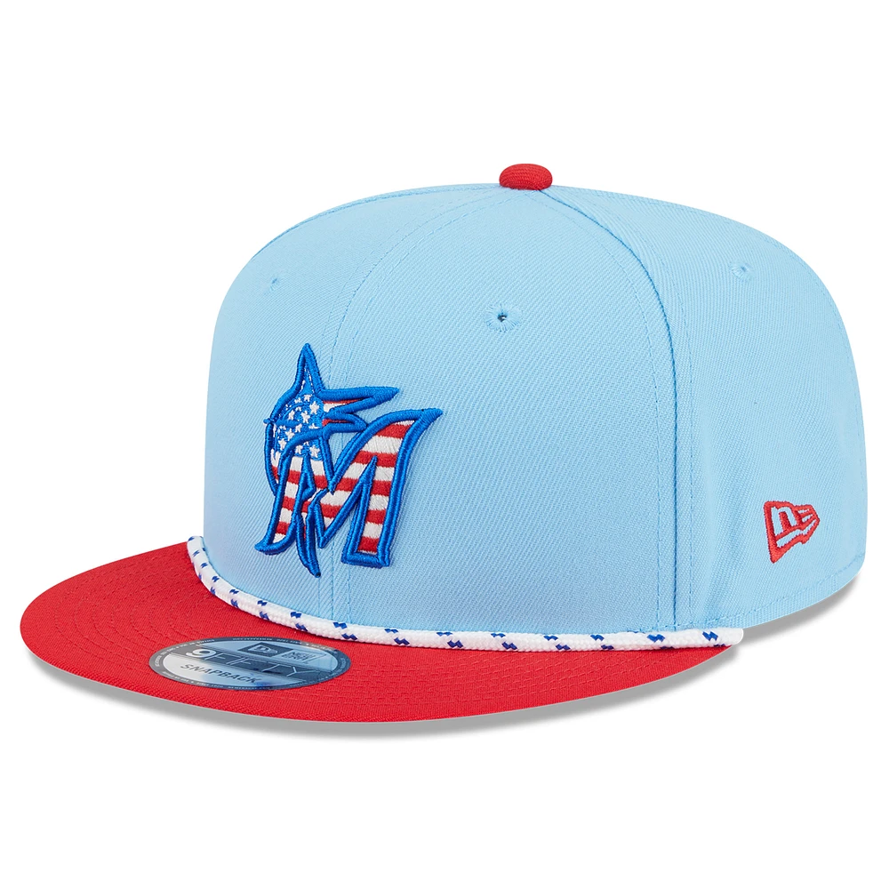 Men's New Era Light Blue/Red Miami Marlins 2025 Fourth of July 9FIFTY Snapback Hat