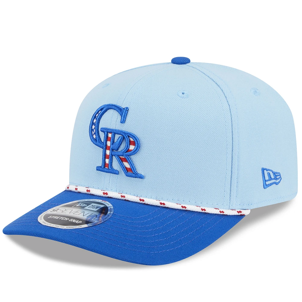 Men's New Era Light Blue/Blue Colorado Rockies 2025 Fourth of July 9SEVENTY Adjustable Trucker Hat