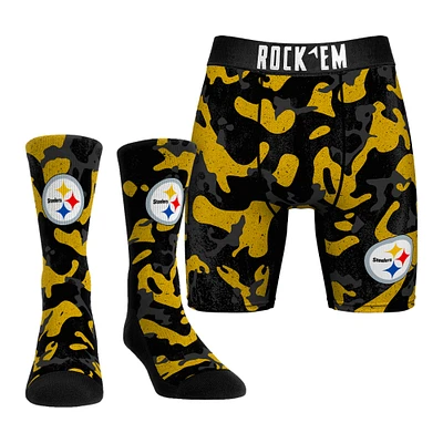 Men's Rock Em Socks Black Pittsburgh Steelers Team Armor Underwear and Crew Combo Pack