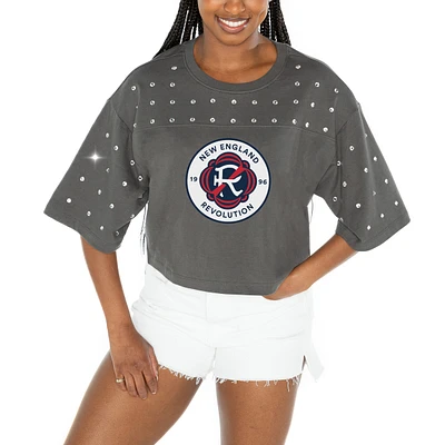 Women's Gameday Couture  Gray New England Revolution Making Moves Rhinestone Cropped Oversized Half Sleeve T-Shirt