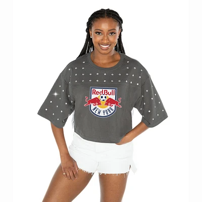 Women's Gameday Couture  Gray New York Red Bulls Making Moves Rhinestone Cropped Oversized Half Sleeve T-Shirt