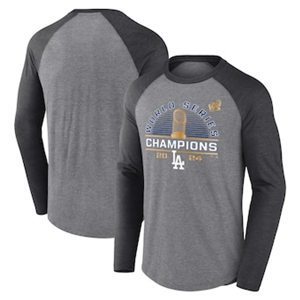 Men's Fanatics Heather Gray Los Angeles Dodgers 2024 World Series Champions Tri-Blend Raglan Long Sleeve T-Shirt