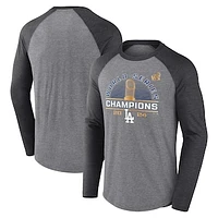 Men's Fanatics Heather Gray Los Angeles Dodgers 2024 World Series Champions Tri-Blend Raglan Long Sleeve T-Shirt