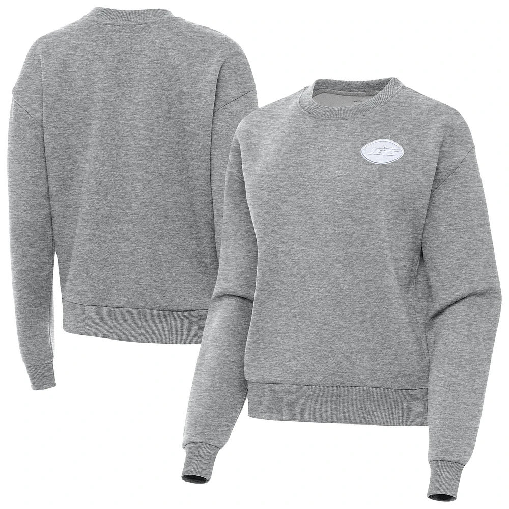 Women's Antigua Heather Gray New York Jets Victory Crew Pullover Sweatshirt