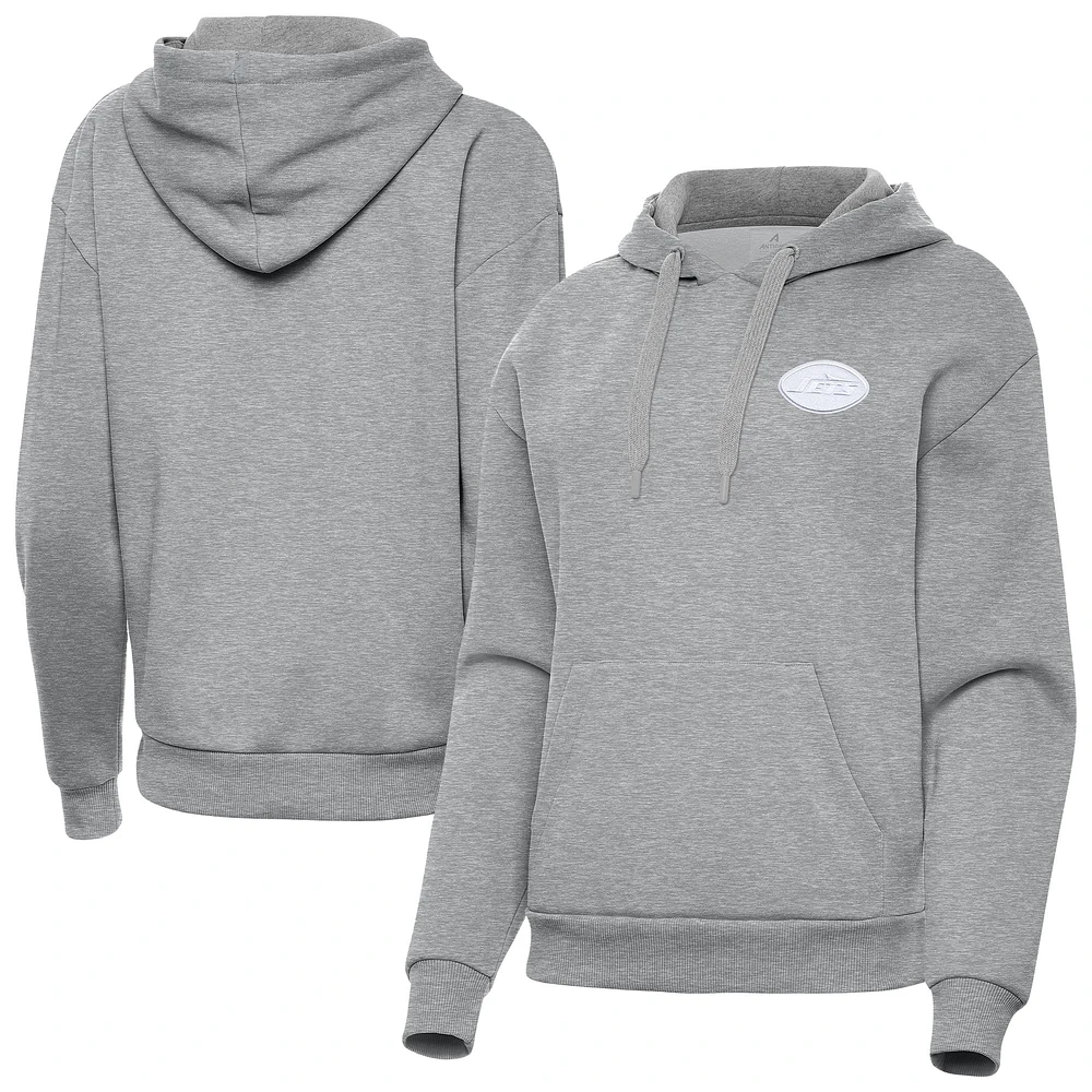Women's Antigua Heather Gray New York Jets Victory Pullover Hoodie