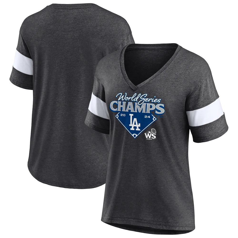 Women's Fanatics Heather Charcoal Los Angeles Dodgers 2024 World Series Champions Hitting Streak V-Neck T-Shirt