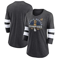 Women's Fanatics Heather Charcoal Los Angeles Dodgers 2024 World Series Champions Wild Pitch Tri-Blend 3/4-Sleeve T-Shirt