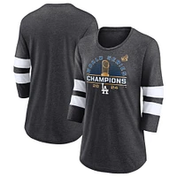 Women's Fanatics Heather Charcoal Los Angeles Dodgers 2024 World Series Champions Wild Pitch Tri-Blend 3/4-Sleeve T-Shirt