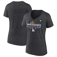 Women's Fanatics Heather Charcoal Los Angeles Dodgers 2024 World Series Champions Locker Room V-Neck T-Shirt