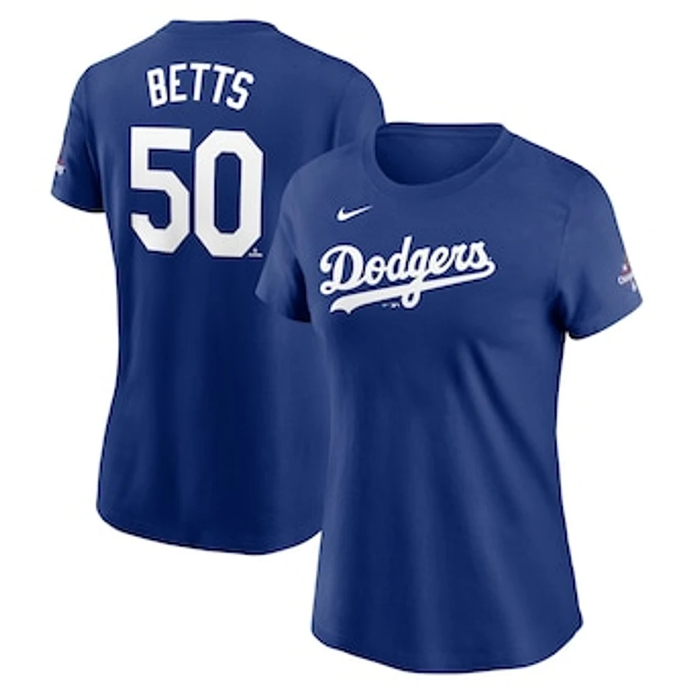 Women's Nike Mookie Betts Royal Los Angeles Dodgers 2024 World Series Champions Name & Number T-Shirt