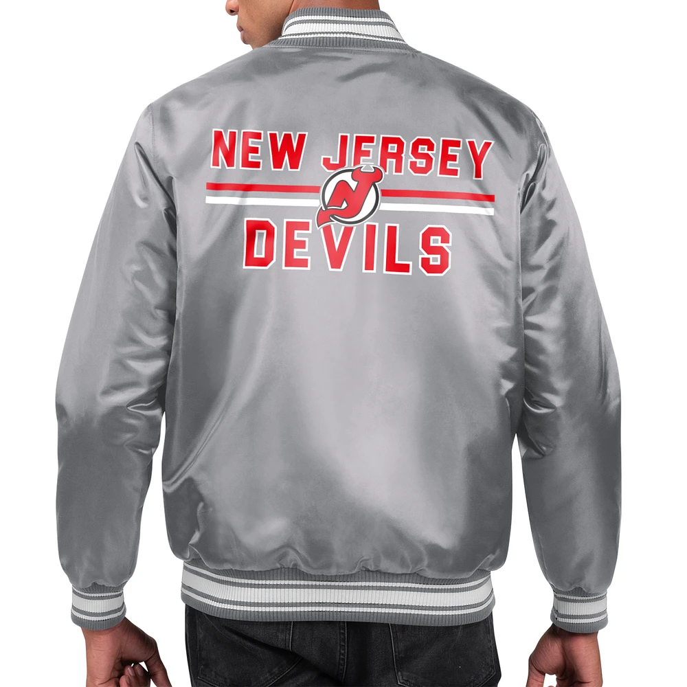 Men's Starter Gray New Jersey Devils Printed Team Logo Satin Varsity Full-Snap Jacket