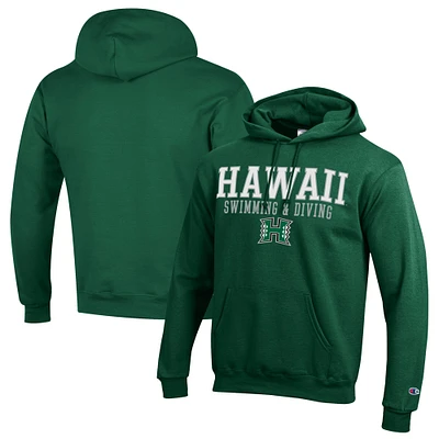 Men's Champion  Green Hawaii Rainbow Warriors Stacked Swim & Dive Powerblend Pullover Hoodie
