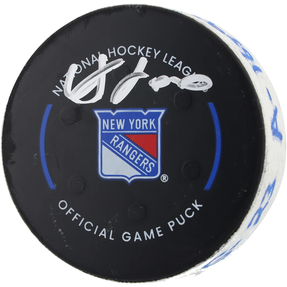 Adam Fox New York Rangers Autographed Game-Used Goal Puck with Inscriptions from Game vs. Florida Panthers on March 23, 2024