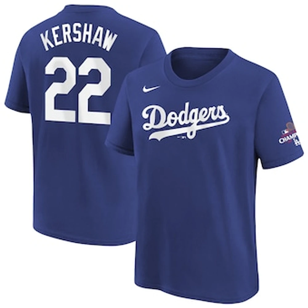 Youth Nike Clayton Kershaw Royal Los Angeles Dodgers 2024 World Series Champions Name & Number T-Shirt