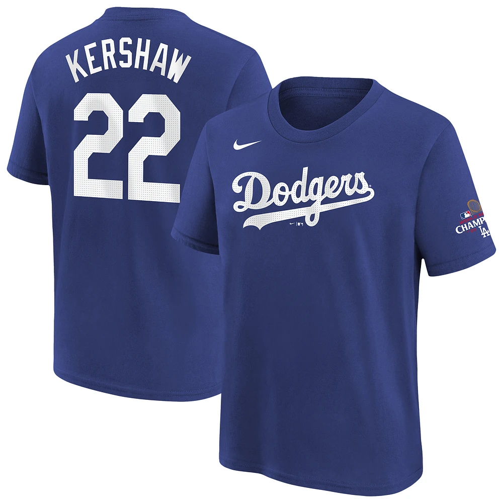 Youth Nike Clayton Kershaw Royal Los Angeles Dodgers 2024 World Series Champions Name & Number T-Shirt