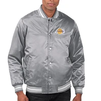 Men's Starter  Gray Los Angeles Lakers Printed Team Name Satin Varsity Full-Snap Jacket