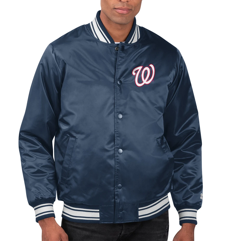Men's Starter Navy Washington Nationals Printed Team Logo Satin Varsity Full-Snap Jacket