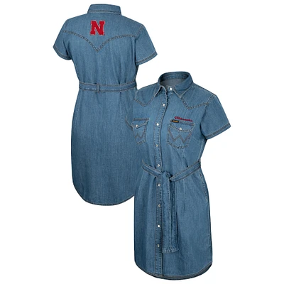Women's Colosseum  Denim Nebraska Huskers Short Sleeve Full-Snap Dress
