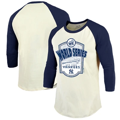 Men's Majestic Threads Cream/Navy New York Yankees 2024 World Series Raglan Softhand 3/4-Sleeve T-Shirt