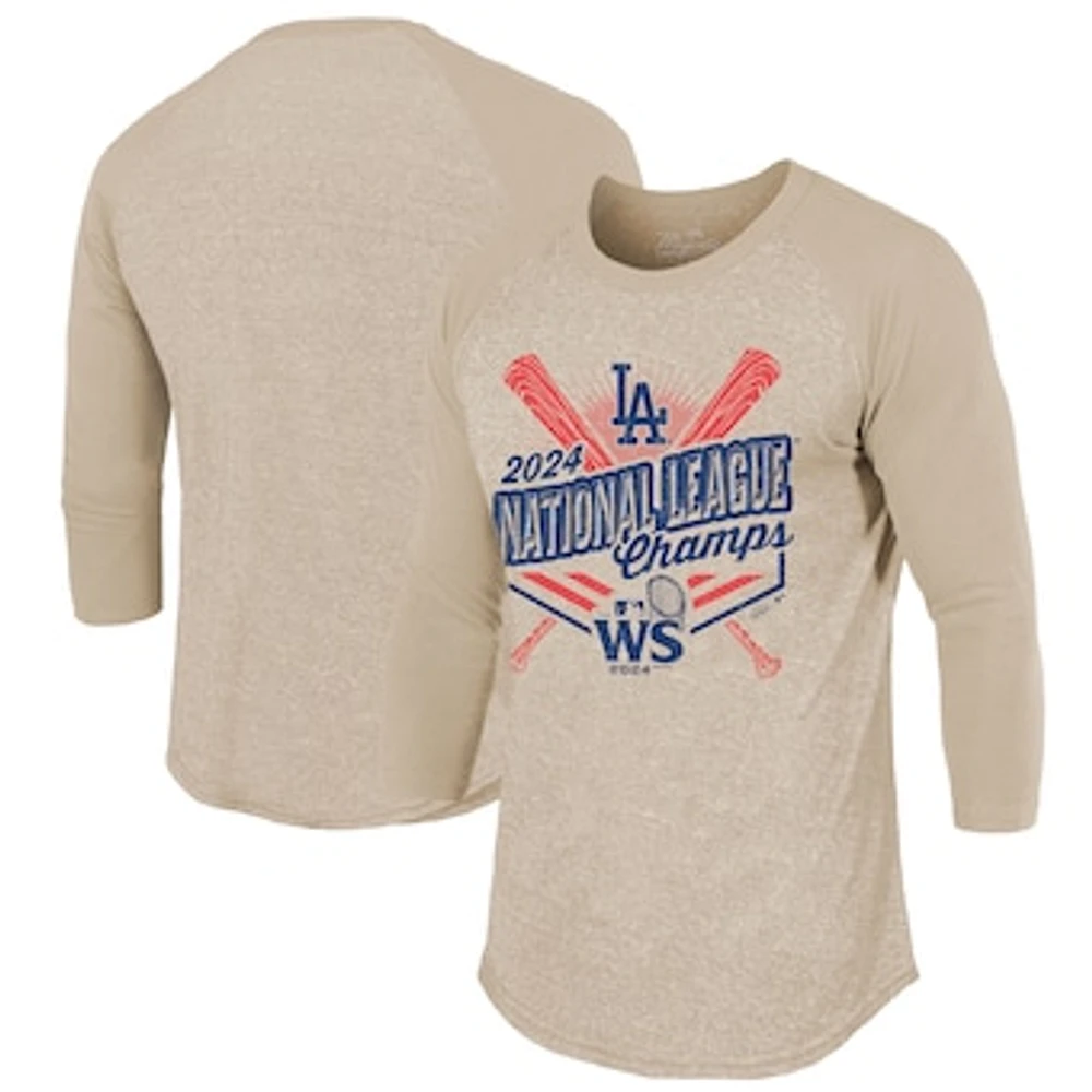 Men's Majestic Threads Oatmeal Los Angeles Dodgers 2024 National League Champions 3/4-Sleeve Tri-Blend Raglan T-Shirt